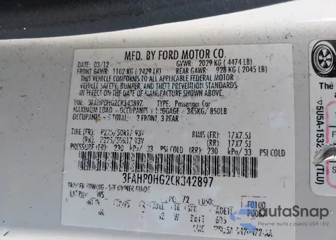 2012 Ford Fusion Se из США, поврежденный, VIN 3FAHP0HG2CR342897